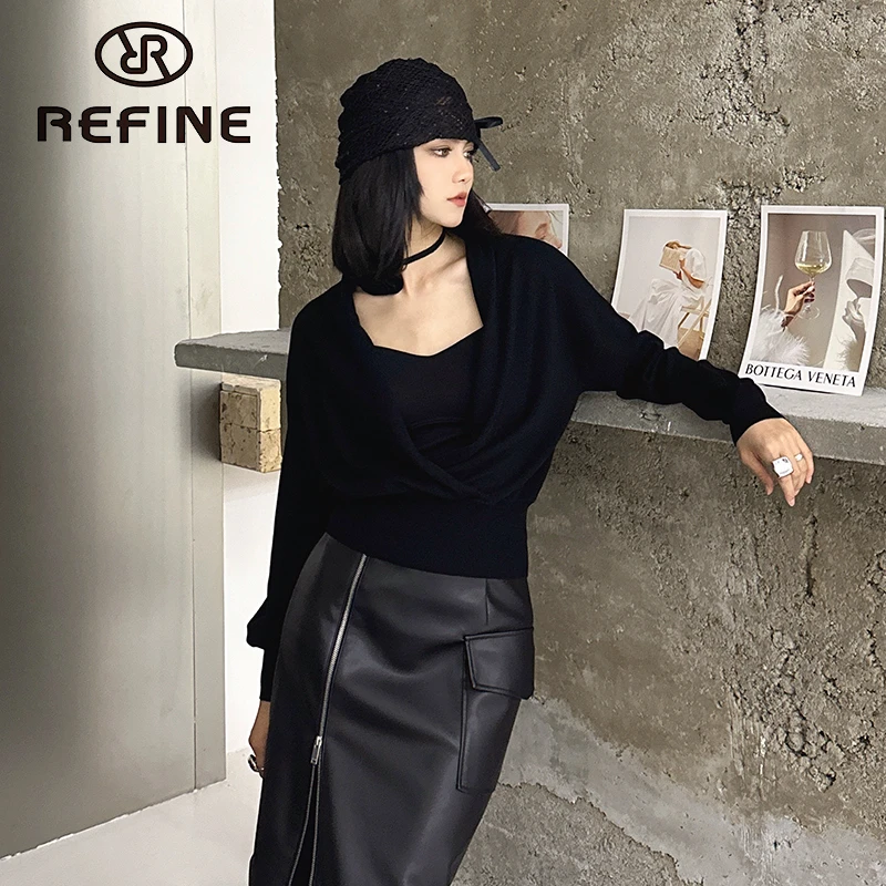 REFINE立范新款复古气质V领交叠设计感显瘦百搭休闲通勤上衣