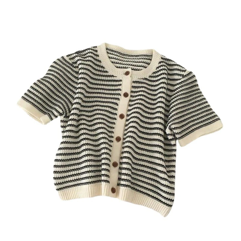 短款条纹冰丝针织衫女薄款短袖T恤设计感气质开衫洋气打底上衣