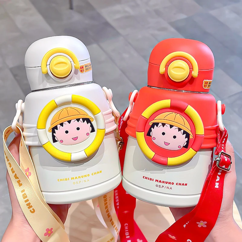 不锈钢卡通樱桃小丸子儿童保温杯女生斜跨大肚喝水壶高颜值学生吸