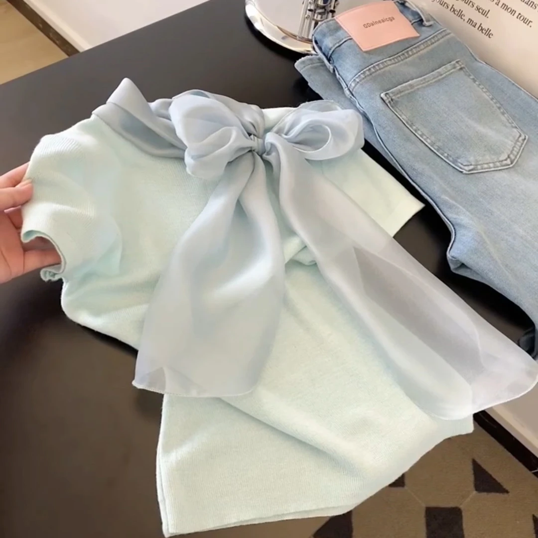 法式蝴蝶结系带针织短袖t恤女夏季新款设计感气质修身显瘦小上衣