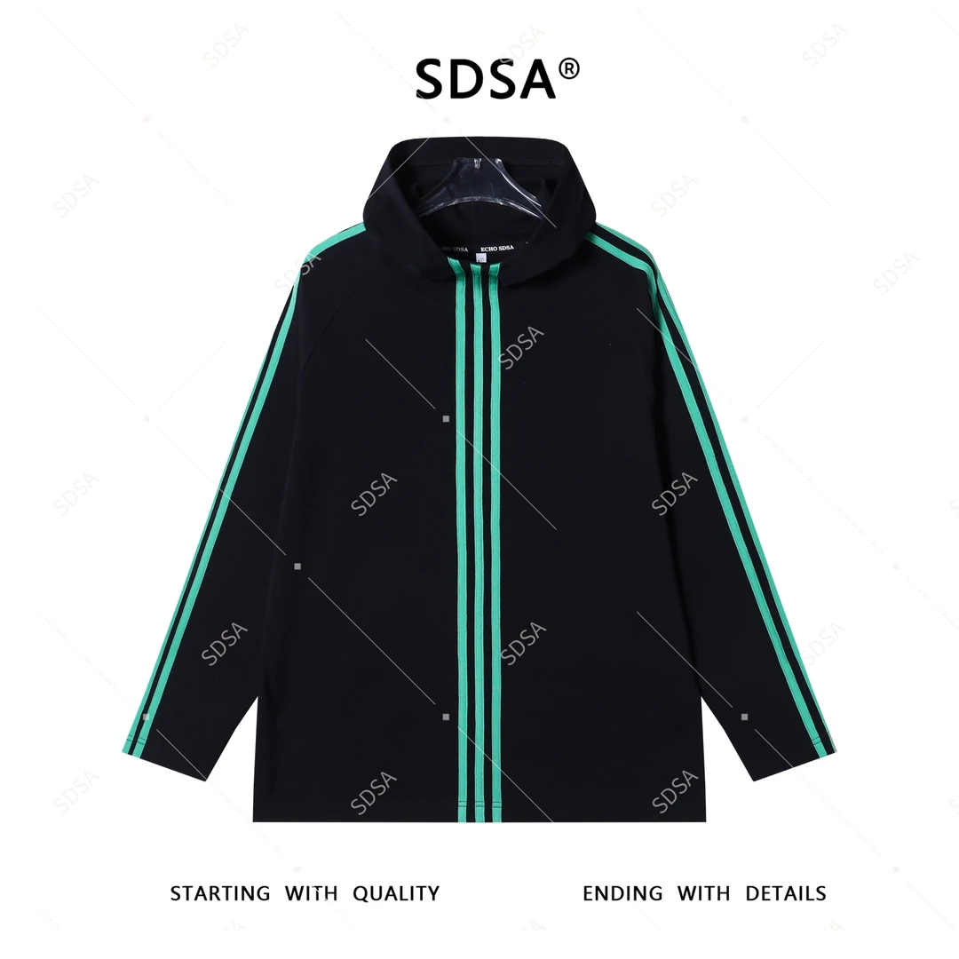 SDSA男士2025新款轻奢痞帅男装撞色3条杆设计长袖连帽T恤复古潮