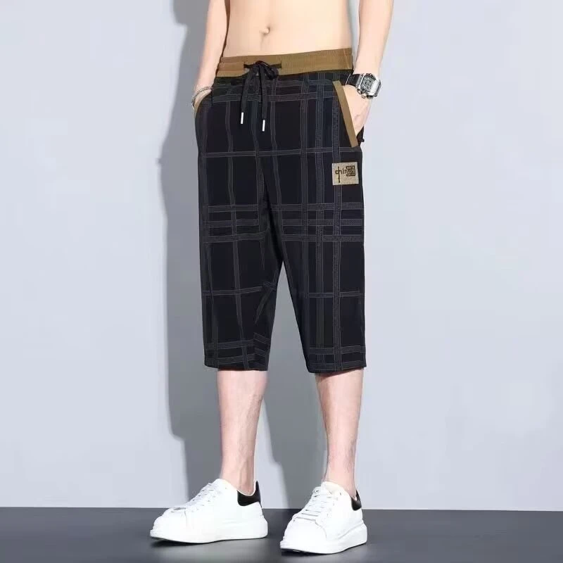 夏季冰丝宽松潮流短裤男格子国潮刺绣七分休闲裤速干裤沙滩裤马裤