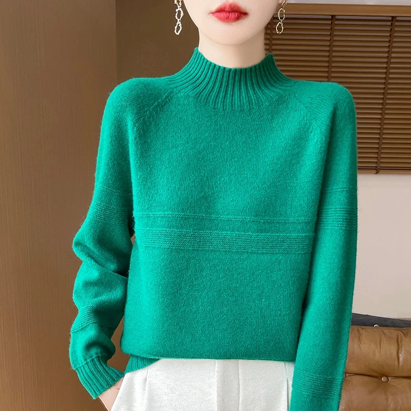 100%纯羊毛衫女半高领加厚宽松毛衣秋冬季纯色套头内搭打底衫