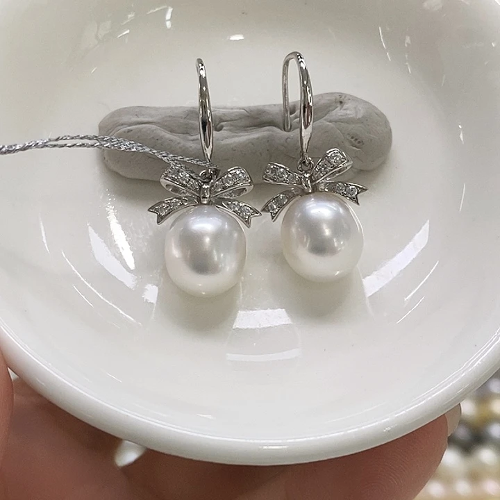 银S925镶嵌海水珍珠耳饰澳白9-10mm