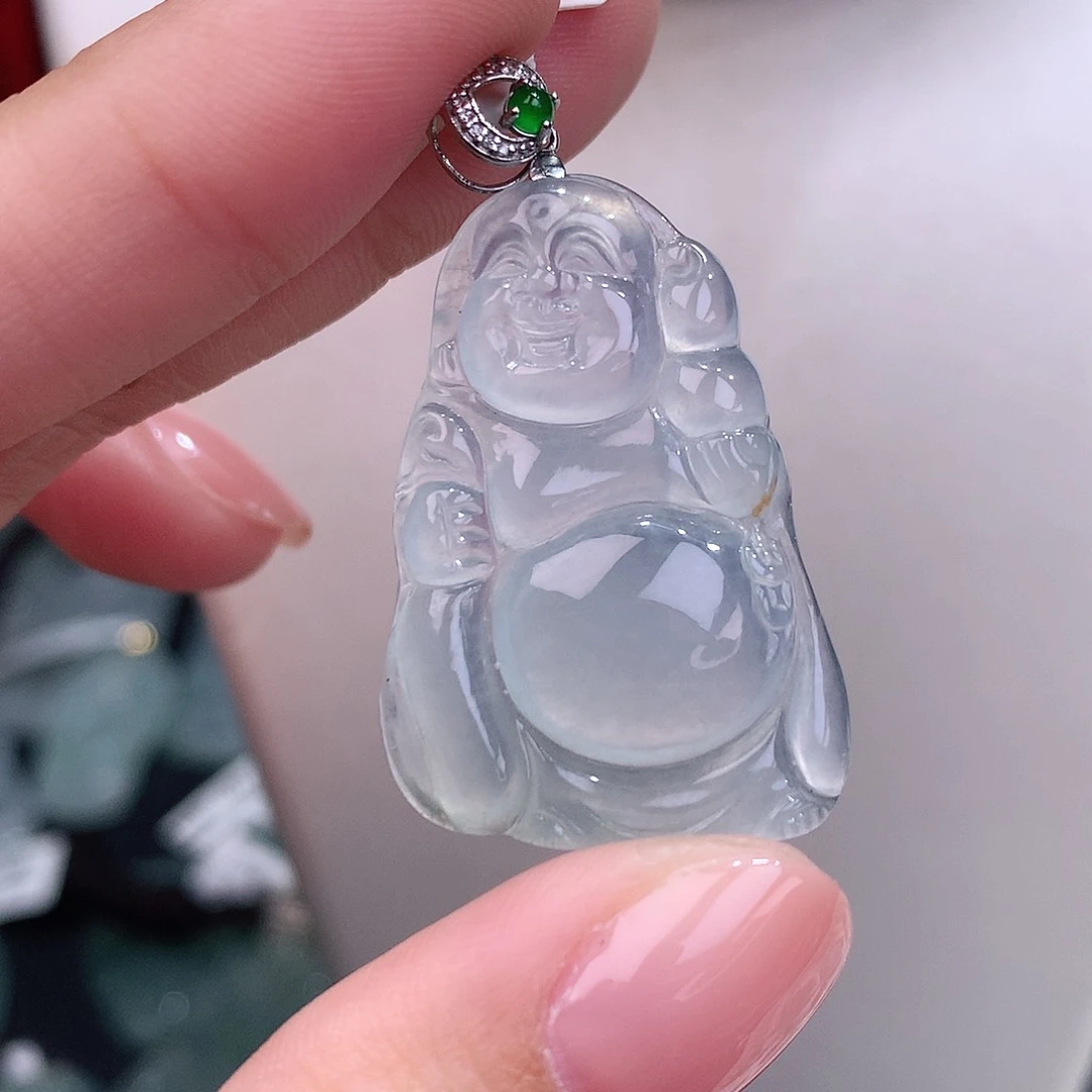 颈饰18K金镶嵌翡翠高冰布袋佛