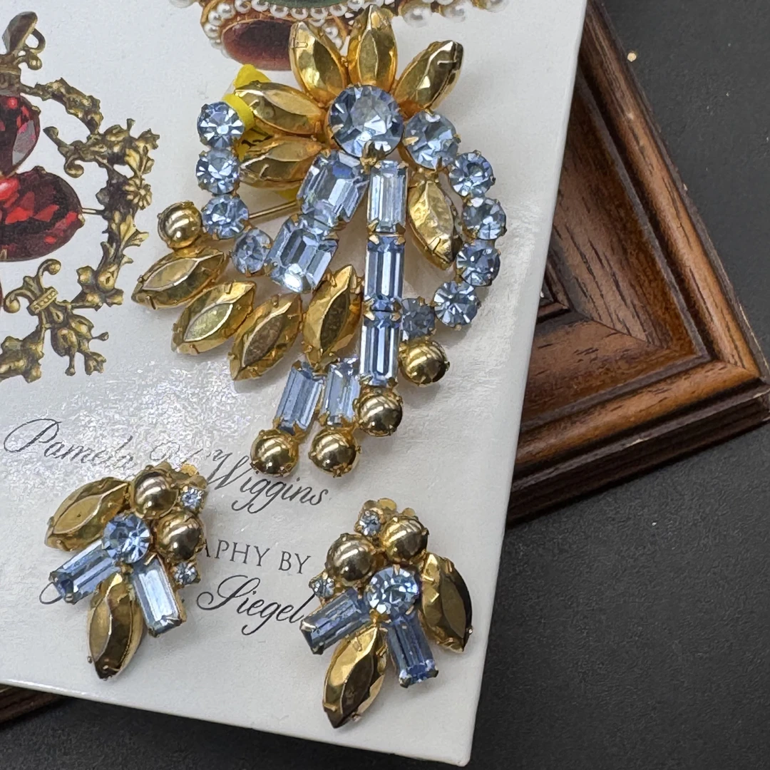 合金胸针 哇哦中古 朱丽安娜Juliana精美蓝色花卉胸针耳夹套装