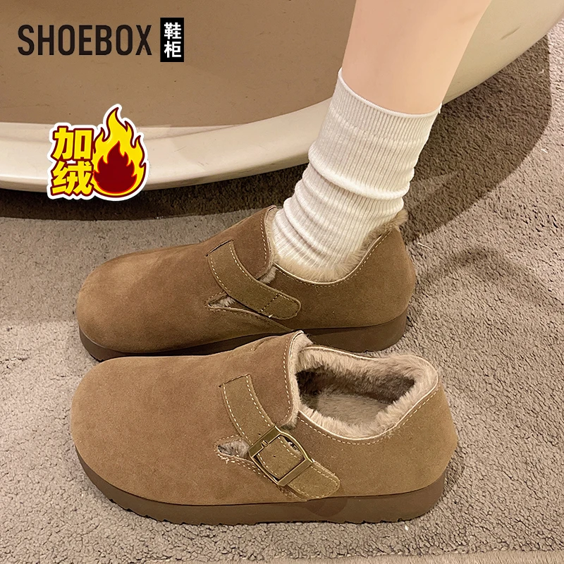 达芙妮集团旗下平底勃肯鞋女2025冬季加绒款专柜品质保暖乐福鞋