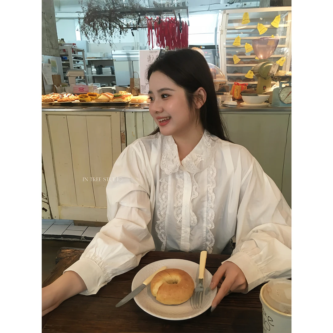 In Tree张桶桶【白茶缪斯】设计感花边领白色衬衫长袖春 ST32019