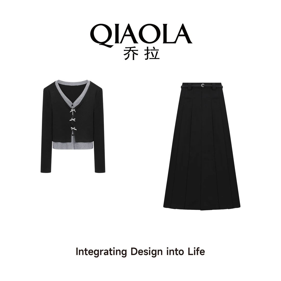 QIAOLA/乔拉【伦敦日记】春季弹力针织假两件A版减龄时尚套装预售