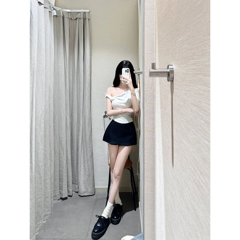 韩系气质休闲百搭小众时髦露肩短袖上衣高腰修身包臀显瘦裙裤套装