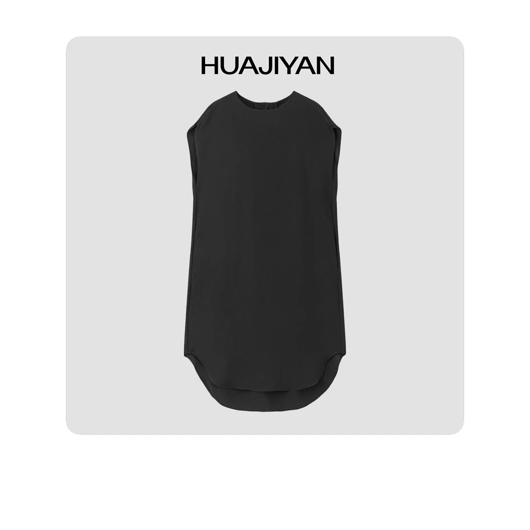 华吉言/HUAJIYAN【落羽】定制面料前短后长圆领连衣裙