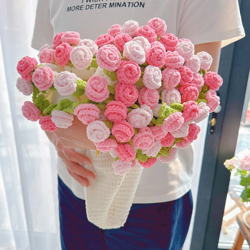 渐变粉丝绒玫瑰花束毯子手工编织diy材料包毛线钩织毛毯钩针礼物