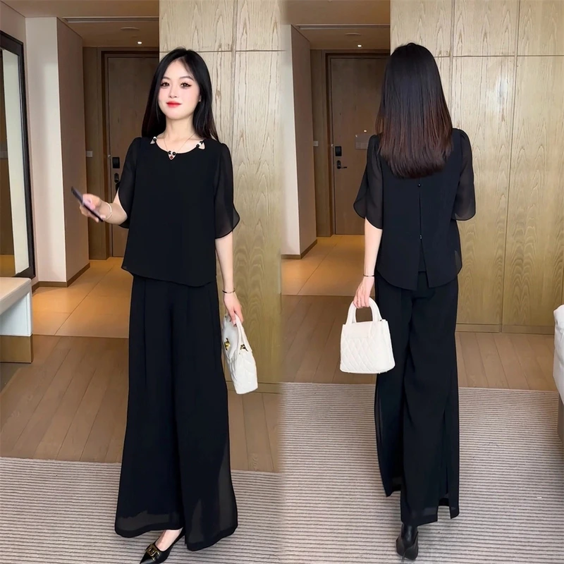 显瘦气质洋气时尚休闲夏季黑色短袖套装减龄韩版高腰