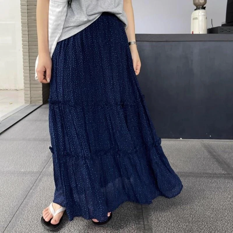 胖mm松紧腰蓝色波点层次拼接雪纺半身裙女夏季垂感宽松显瘦长裙子