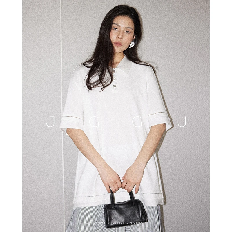 JGGU黑标【自由光隙】100棉绣花拼接poloT恤白色休闲夏季JG11250097