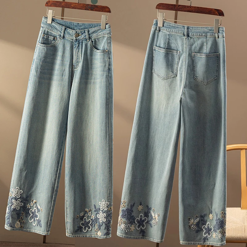 2025春夏新款百搭窄版宽松阔腿裤新国风刺绣休闲直筒牛仔裤女时尚