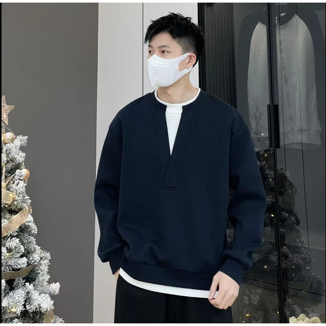 【春季新品】假两件设计款长袖V领红卫衣上衣打底男女同款休闲慵懒