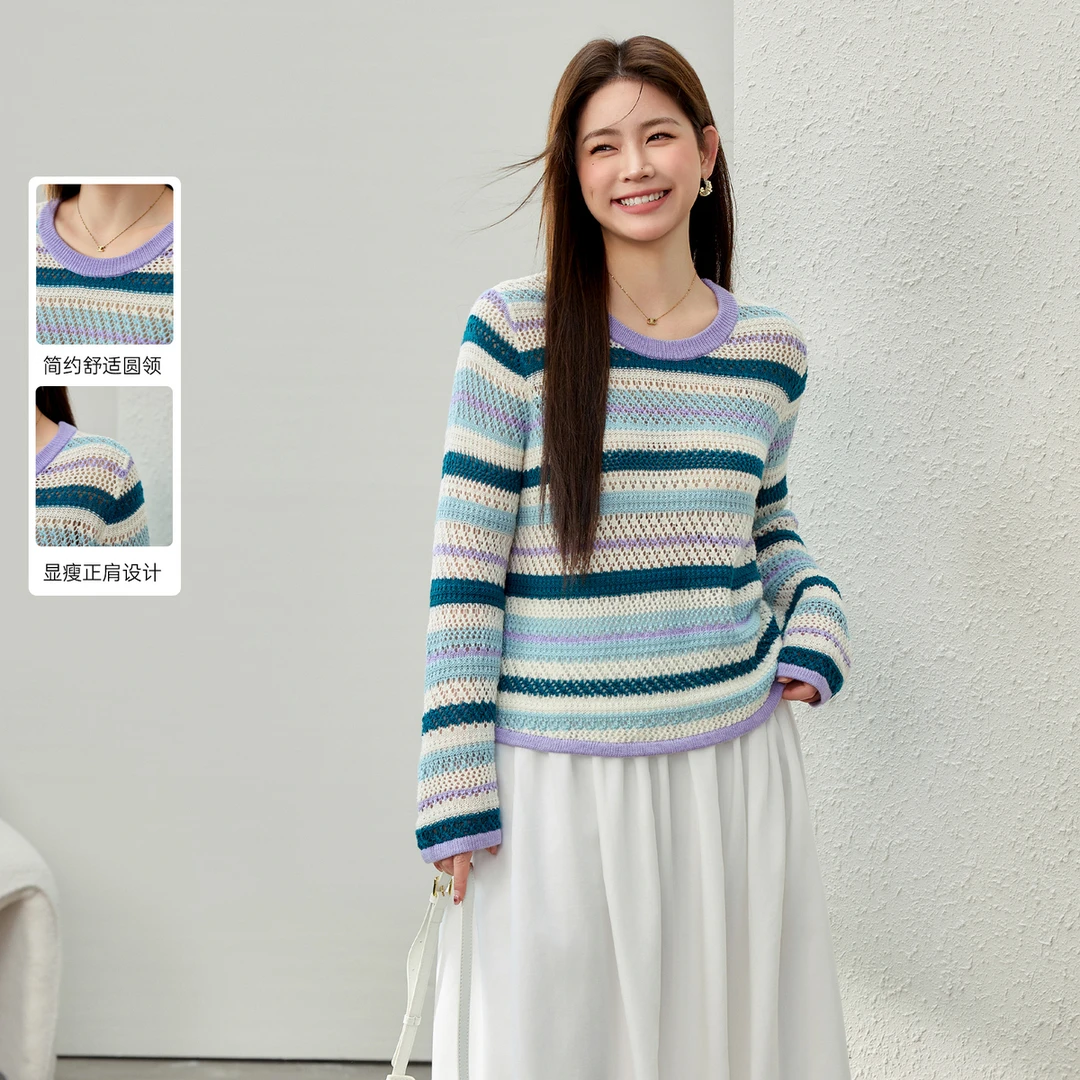 【复古条纹镂空时髦气质百搭毛衣】纤莉秀大码女装显瘦上衣QK0903