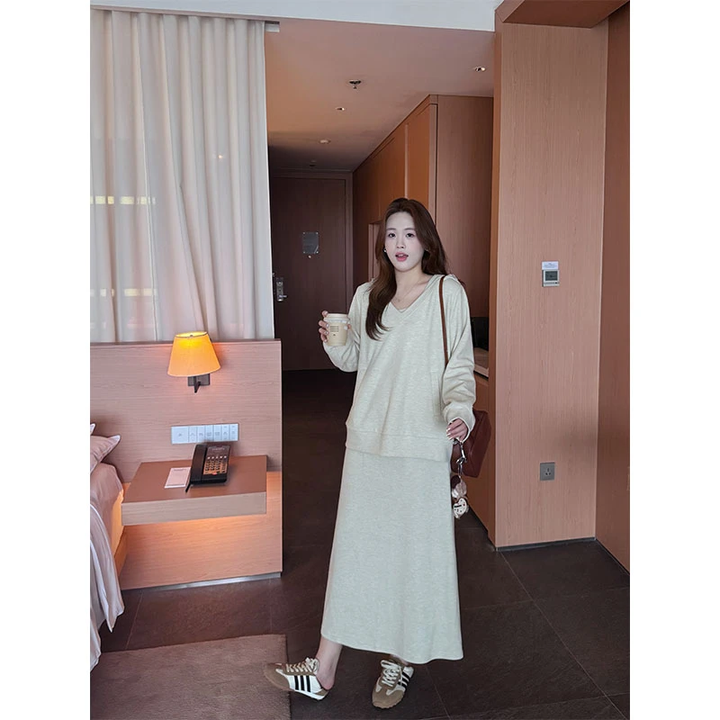 现货7904D大婉酱千千微胖定制韩系宽松连帽V领上衣背心连衣裙套装