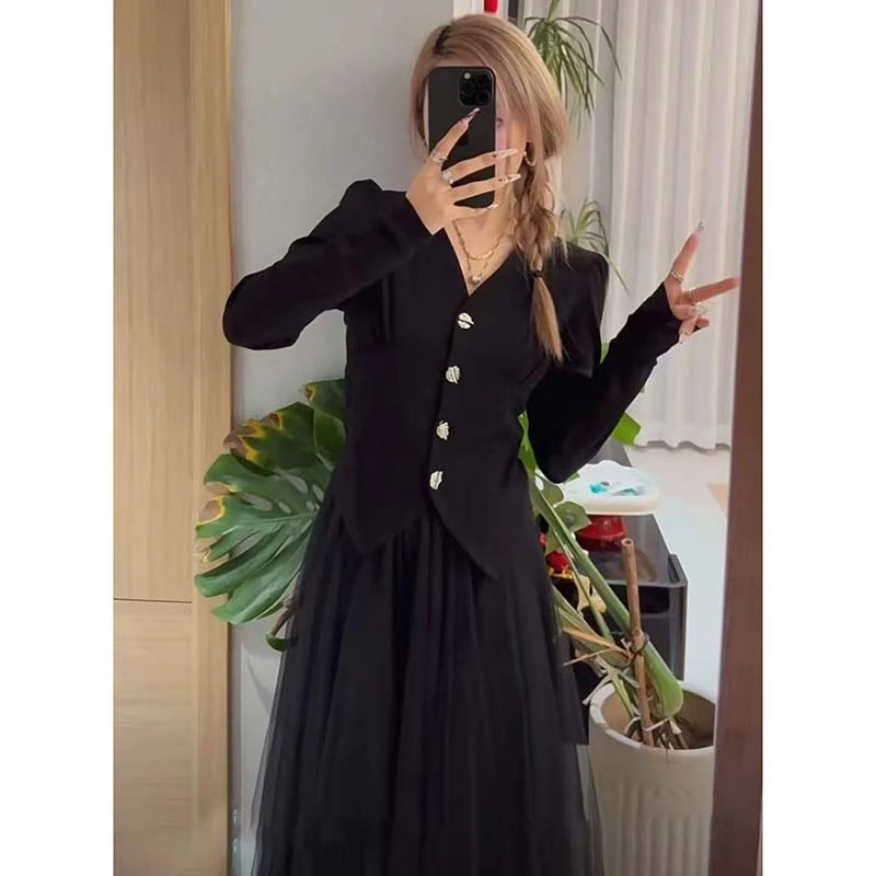 【两件套】【有里布】V领上衣女设计感长袖显瘦打底衫+半身裙TX0162