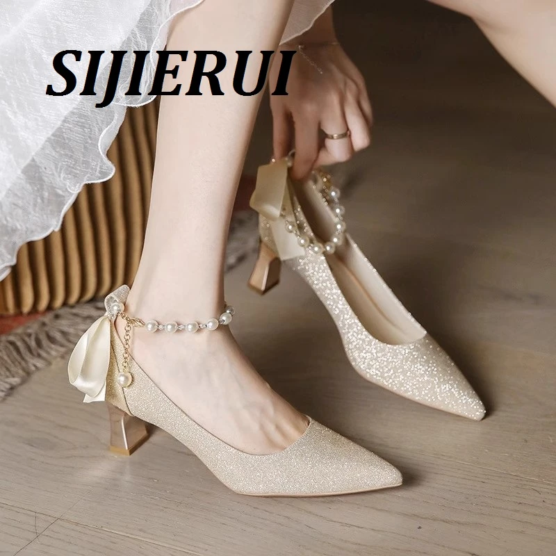 SIJIERUI新娘婚鞋高跟鞋女2025夏季新款法式伴娘鞋子日常可穿单鞋