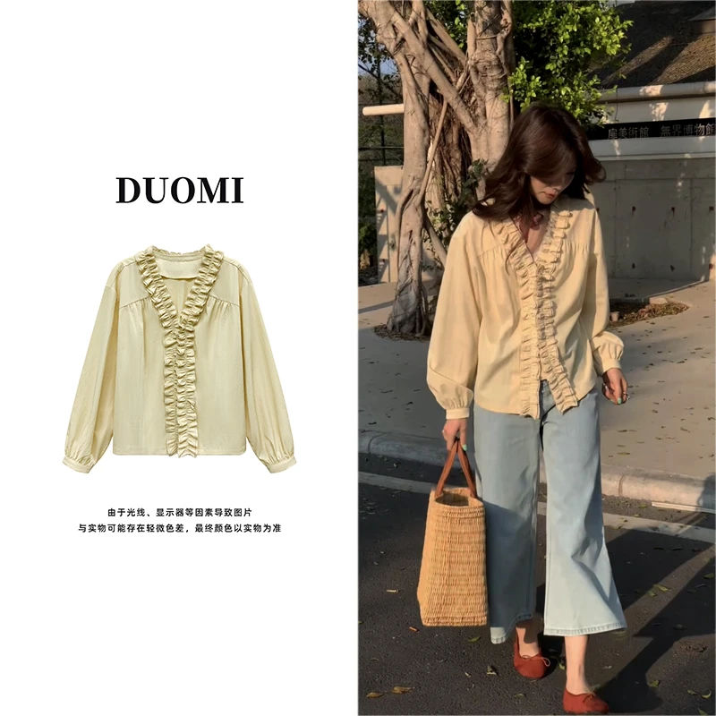 【DUOMI】春季新款女装百搭时尚小众风格拼花边设计衬衫上衣女D6298