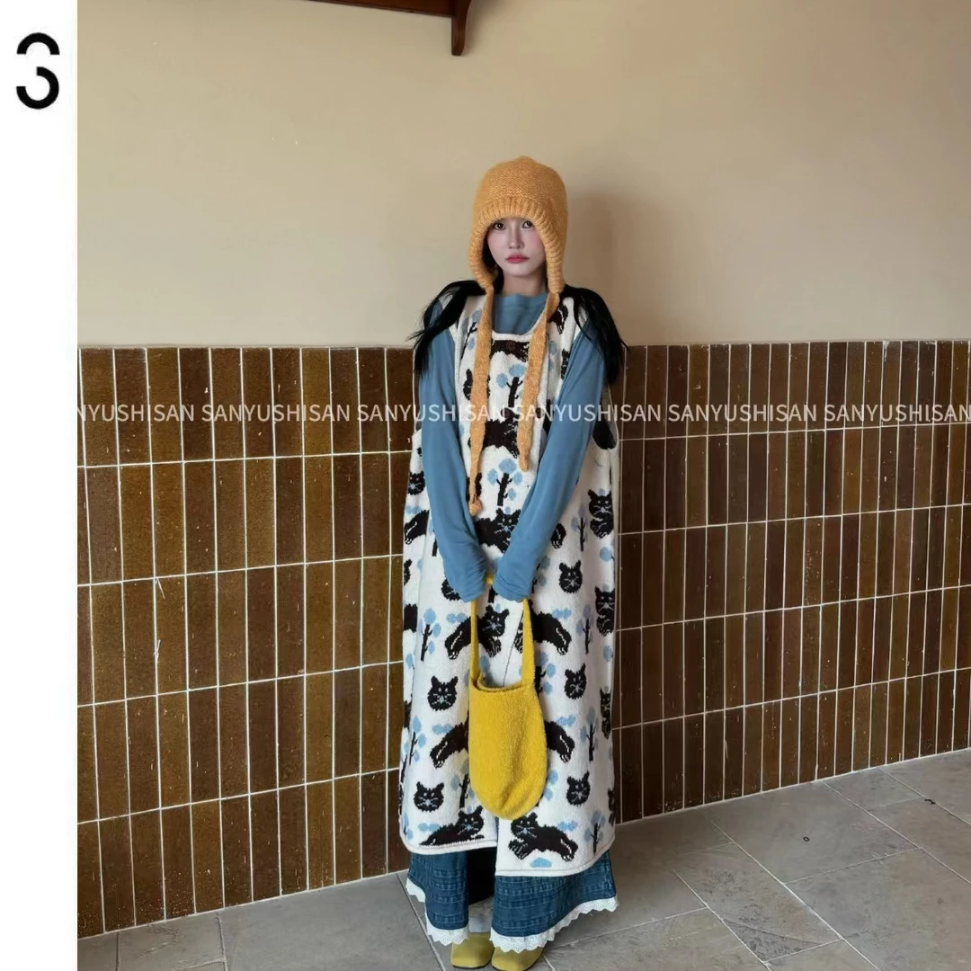 三与十三|猫猫队马甲|猫咪提花针织长款马甲宽松日系复古背心裙