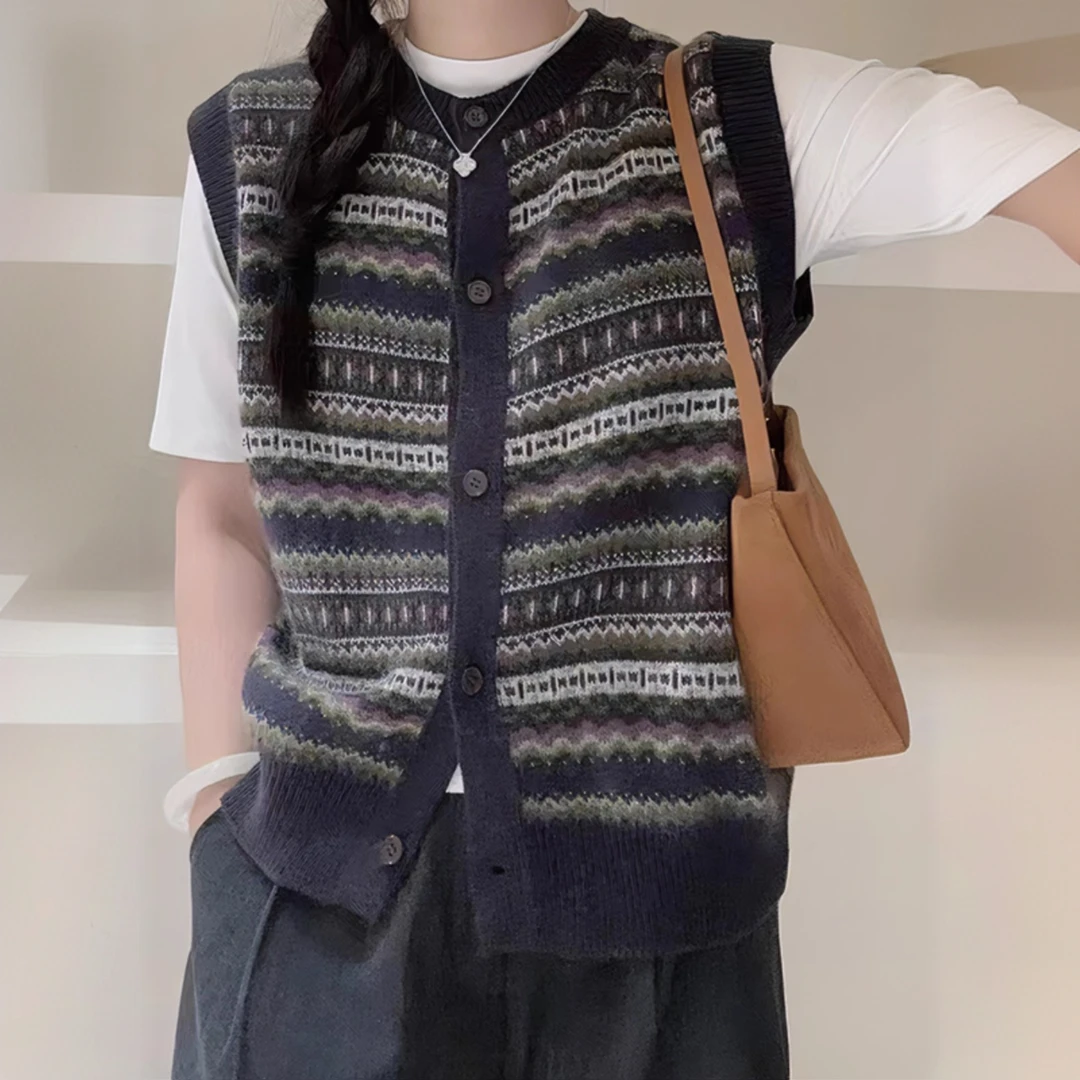 新款欧货高级感圆领针织开衫复古提花设计感洋气坎肩马甲背心外套