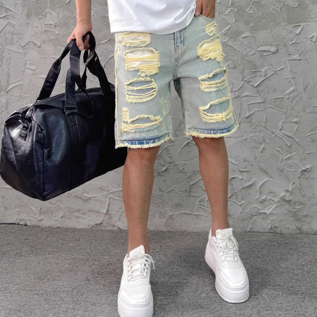 夏季新款破洞牛仔短裤男士宽松潮牌痞帅美式高街刮破烂五分中裤