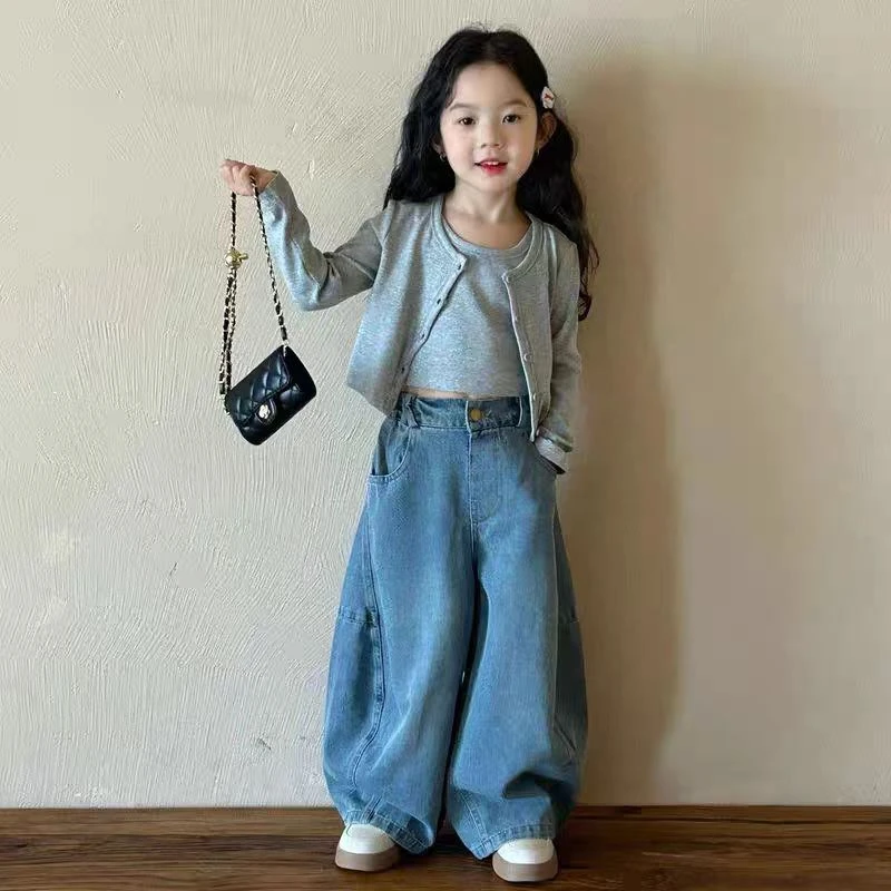 女童开衫背心套2025春季新款中小童2-7岁韩版长袖开衫休闲牛仔裤