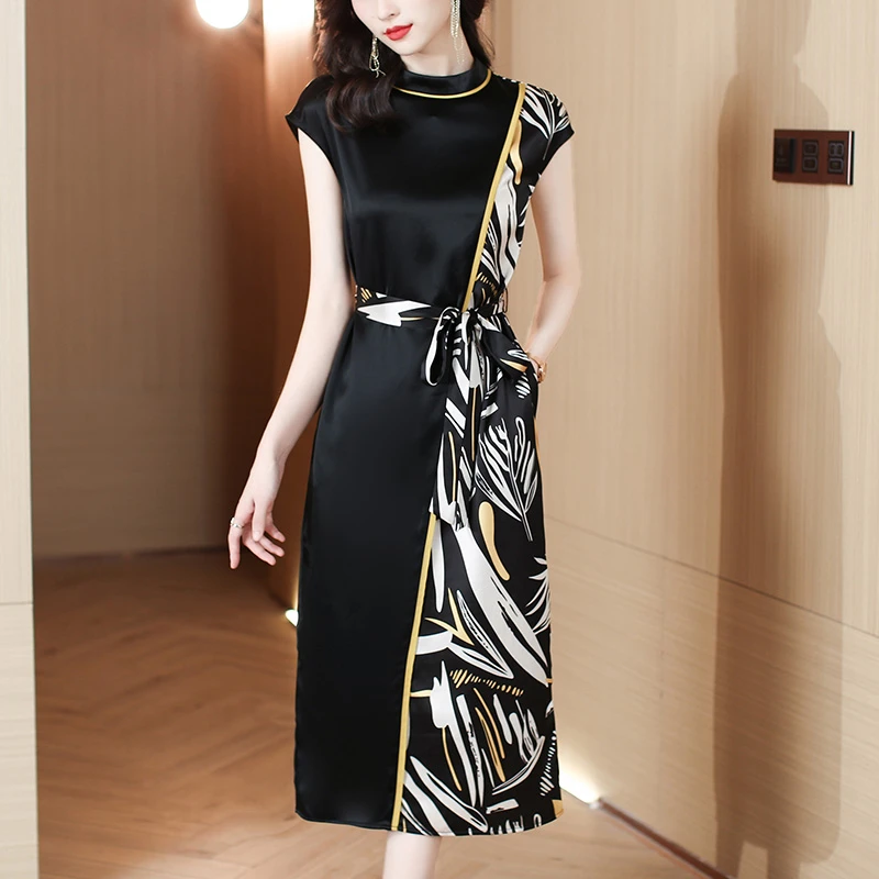 【原厂正品】Y1100花色拼接蚕丝精品连衣裙小圆领2025夏装新款年轻