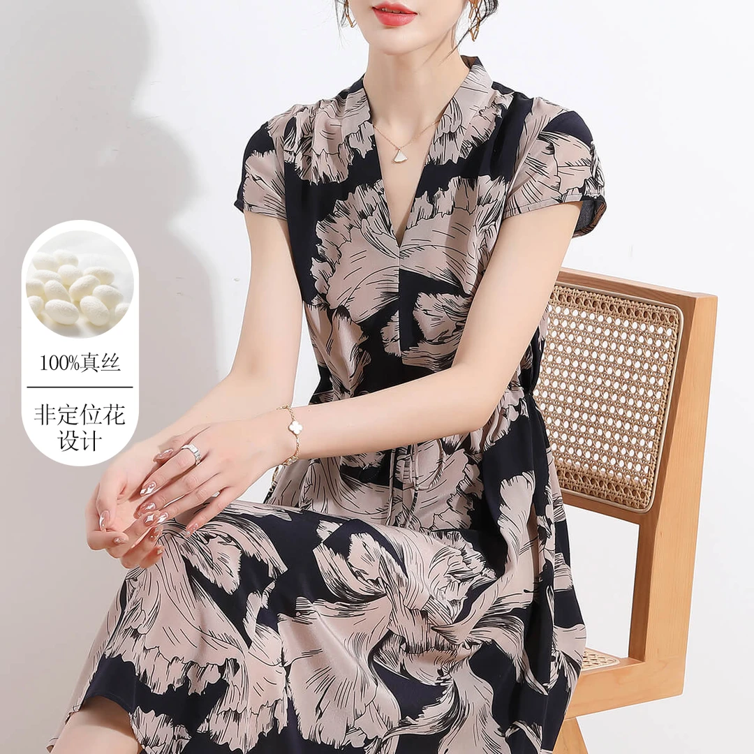 金菊【真丝桑蚕丝双绉】短袖V领系带中长款印花通勤女式连衣裙