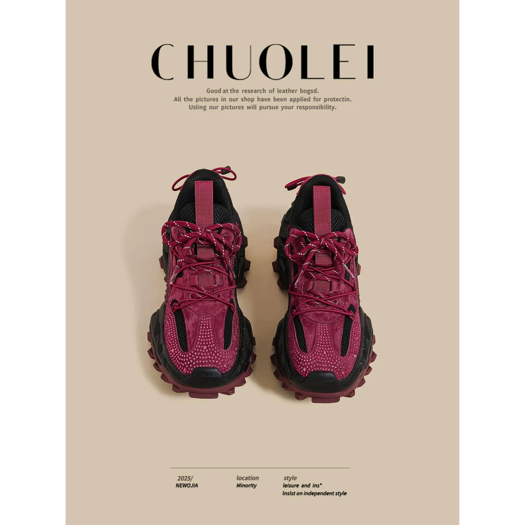 【官网小C&K旗舰店】2025秋季新款厚底老爹鞋女红色抽绳炸街重工机