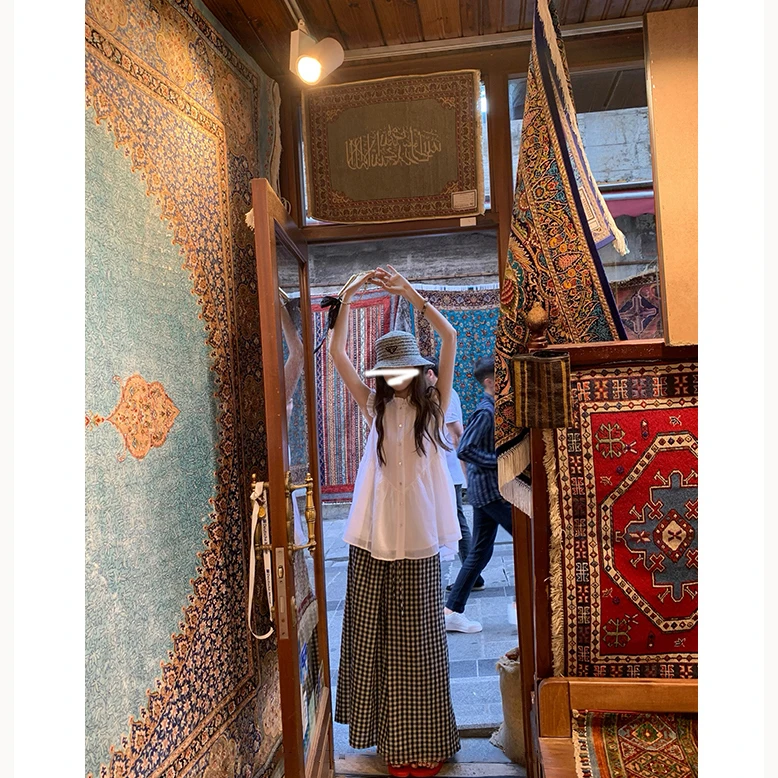 简约宽松纯棉格子裤复古百搭慵懒阔腿裤松紧腰舒适透气长裤夏季