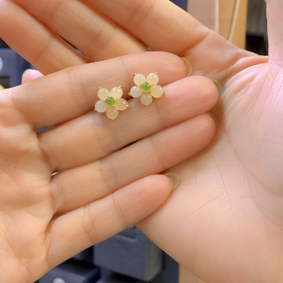 和田玉耳饰银S925镀金镶嵌