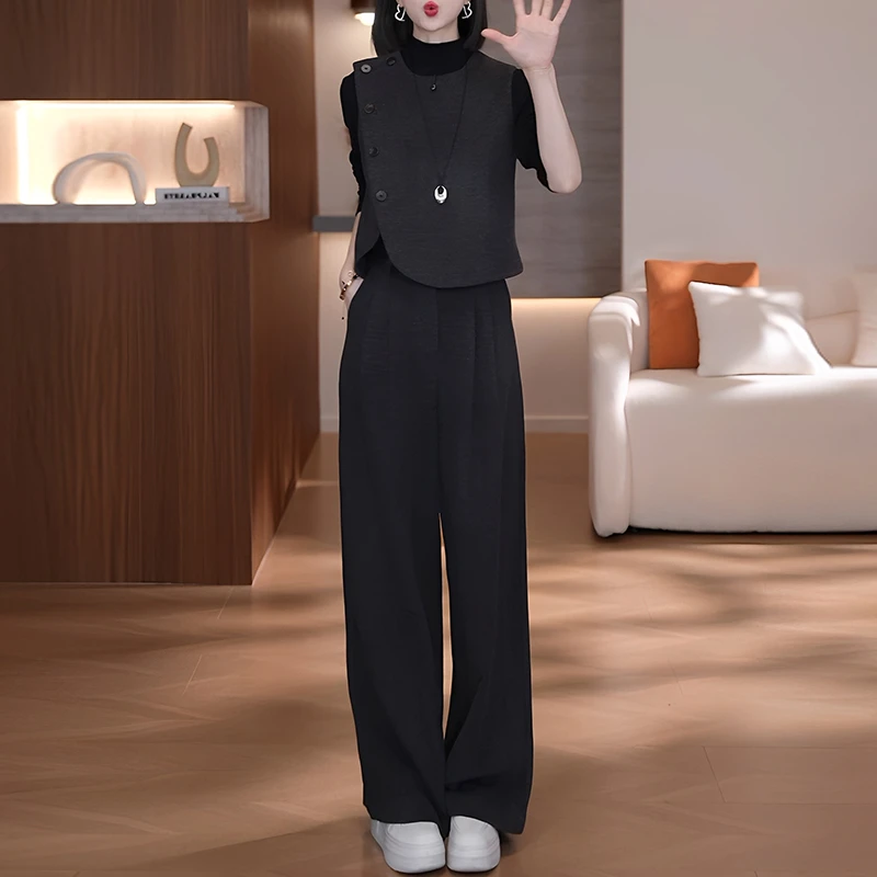 2025春秋季新款女士时尚洋气通勤套装打底衫灰色马甲阔腿裤三件套