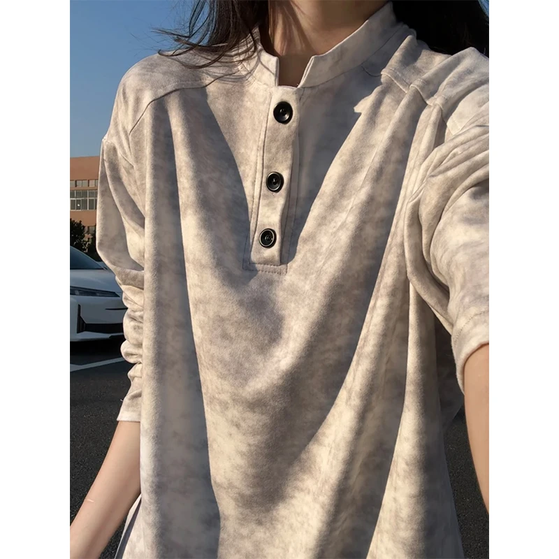 美式扎染针织亨利领卫衣男款冬季加绒加厚老钱风设计百搭宽松长袖