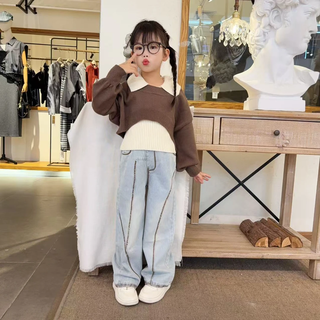 女童秋季新款洋气牛仔裤长袖毛衣套装2025春秋新款时髦童装中大童