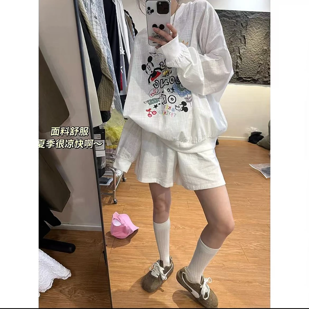 韩国东大门夏季新款米奇印花时尚套装女慵懒风防晒上衣短裤两件套