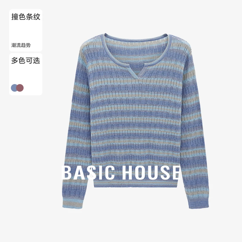 Basic House/百家好秋季韩系ins衣服撞色女休闲针织衫B0625H5R132
