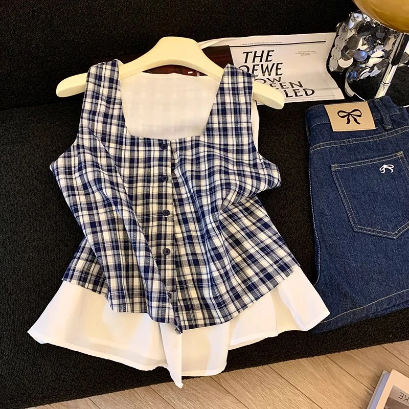 2025夏季爆款显瘦法式温柔小香风格子拼接无袖吊带宽松背心小衫