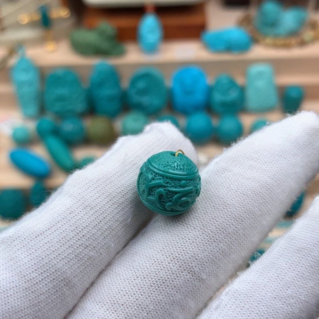 绿松石未镶嵌六字箴言圆珠卡12.5