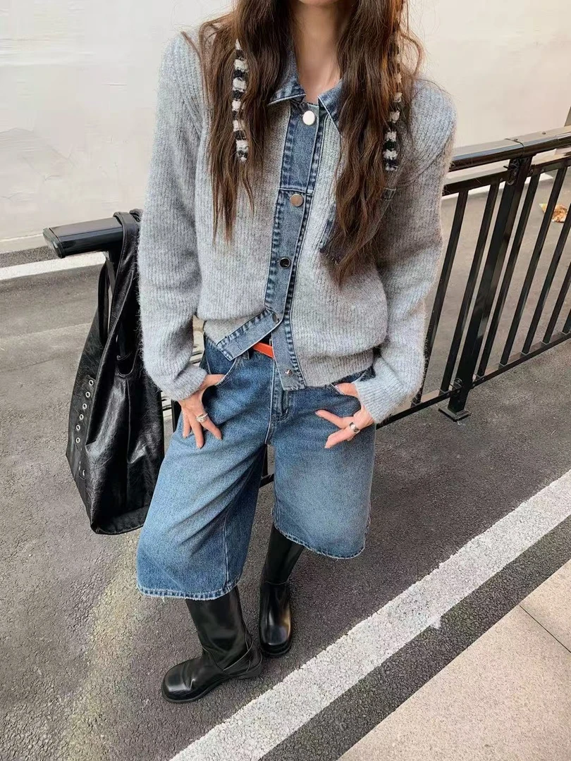 7787-CQ新款牛仔拼接排扣针织上衣（80-135）