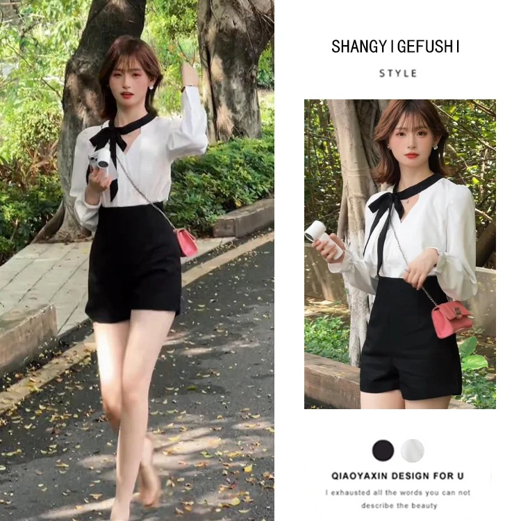 2025秋冬新款韩系气质白色衬衫高腰黑色短裤两件套显瘦时尚女装