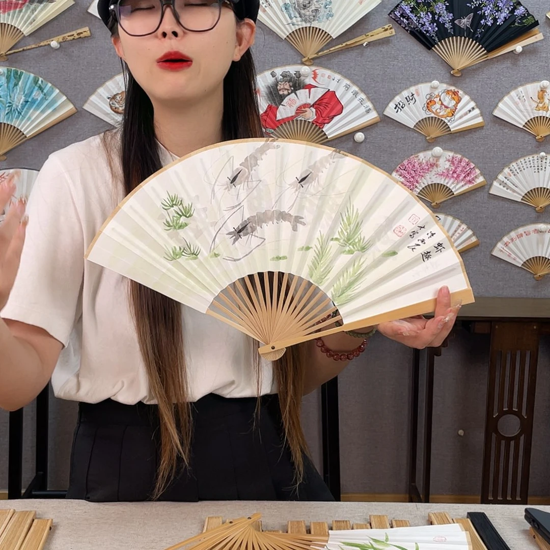 国画8寸玉竹-纯手绘-文玩扇骨（默认粘好）