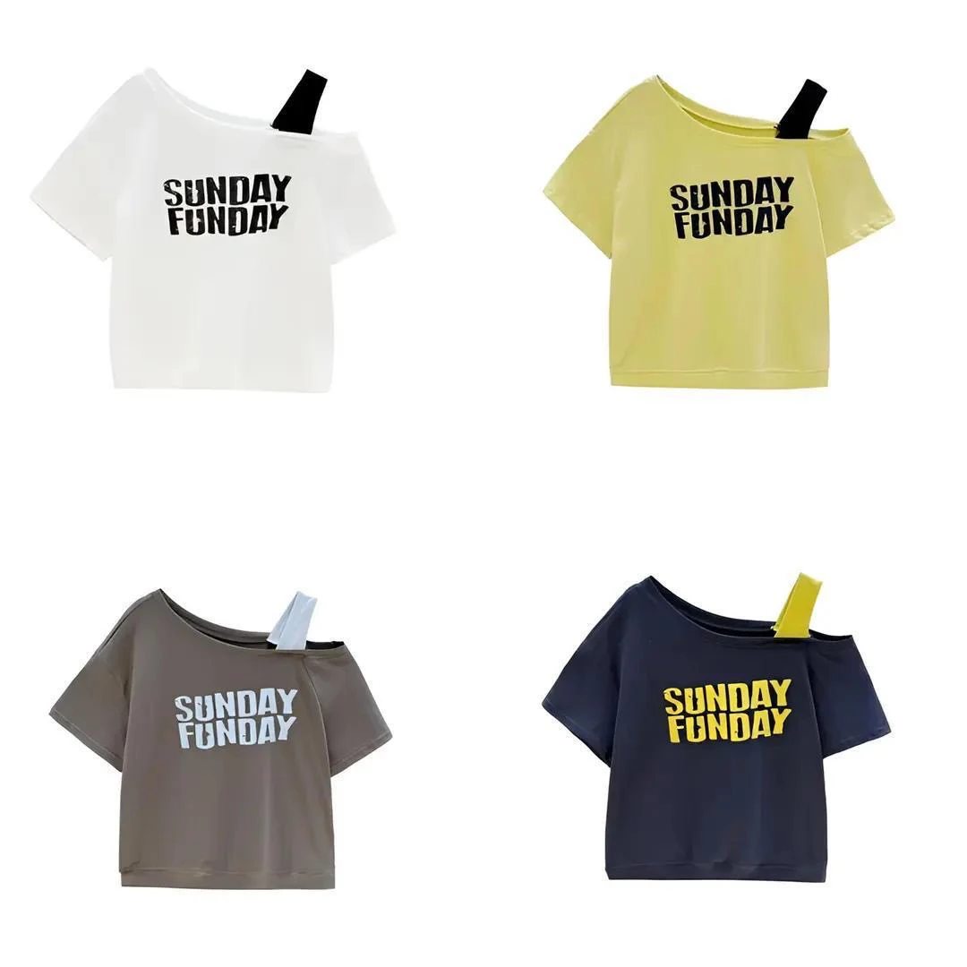 2025夏季斜肩吊带撞色字母休闲印花短袖T桖时尚纯欲慵懒风女装