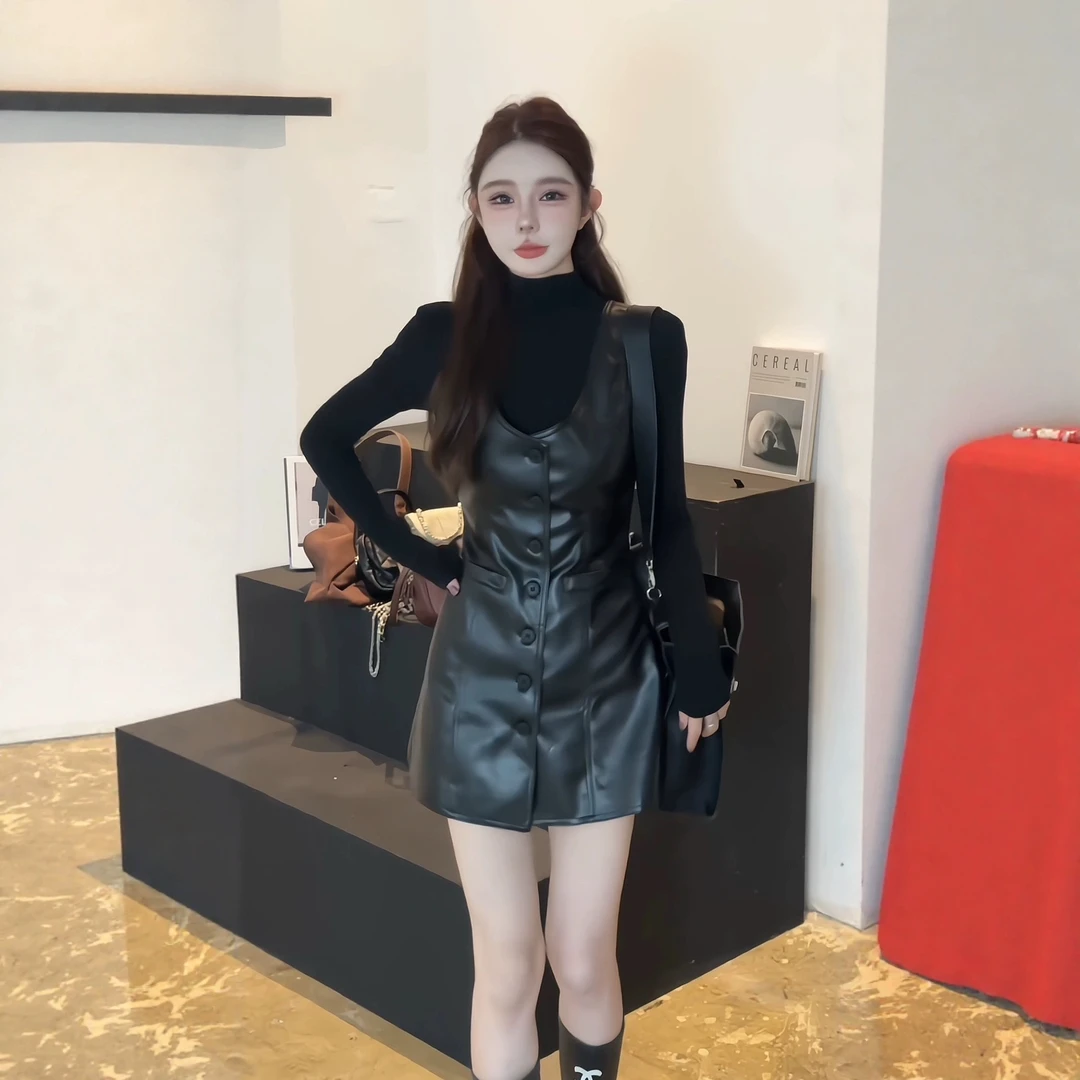 秋季新款韩系PU皮吊带连衣裙小个子显瘦A字裙