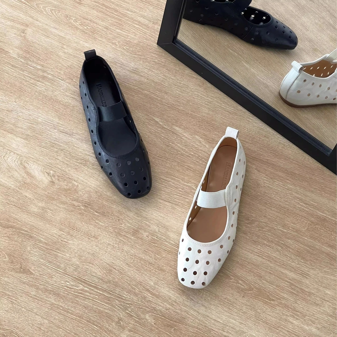 HUSSLOVE 头层羊皮·跟高1CM·时尚简约洞洞镂空松紧一字带单鞋