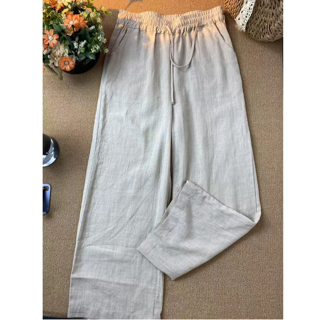 高腰薄款纯色口袋哈伦裤阔腿裤直筒裤松紧腰百搭休闲裤