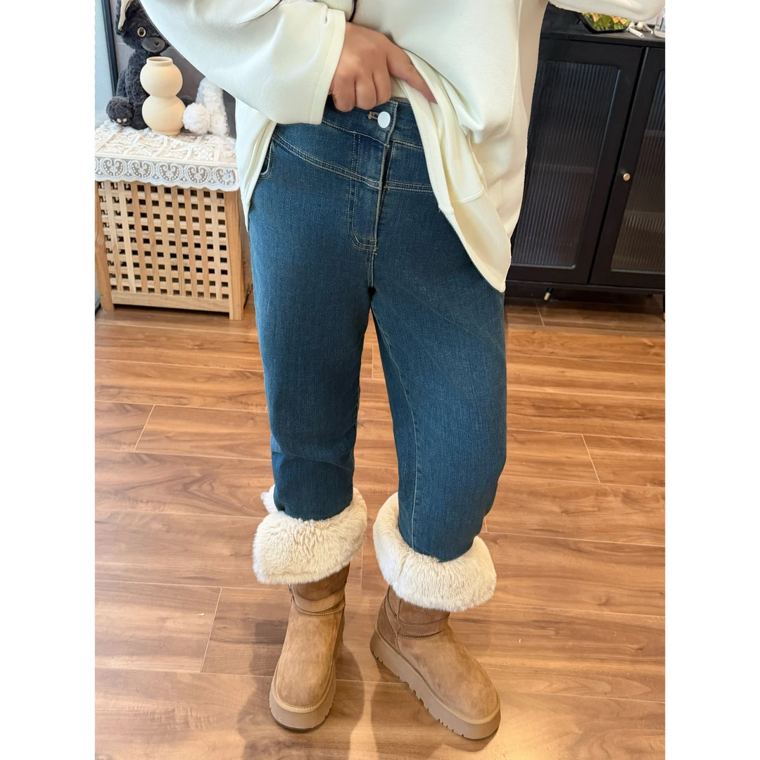 花契“雾中杏酪”大码女装冬季宽松200斤胖mm嬉皮少女牛仔裤4379-H